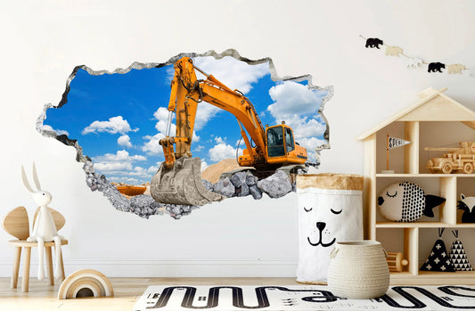 Mighty Excavator Breaks Through 3D Wall Decal - Construction Scene - BR301
