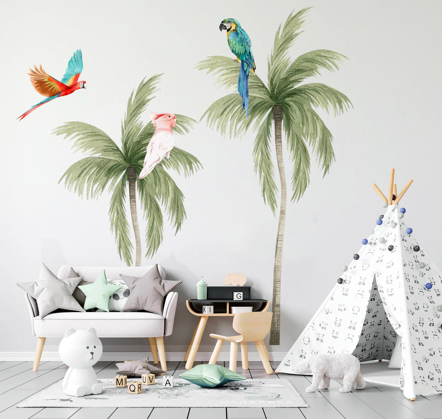 Tropical Coconut Trees with Parrots Wall Decal - Removable Peel and Stick - BR393