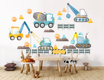 Construction Vehicles Crane Truck Mixer Digger Removable Wall Decal Boys Room Gift - BR289