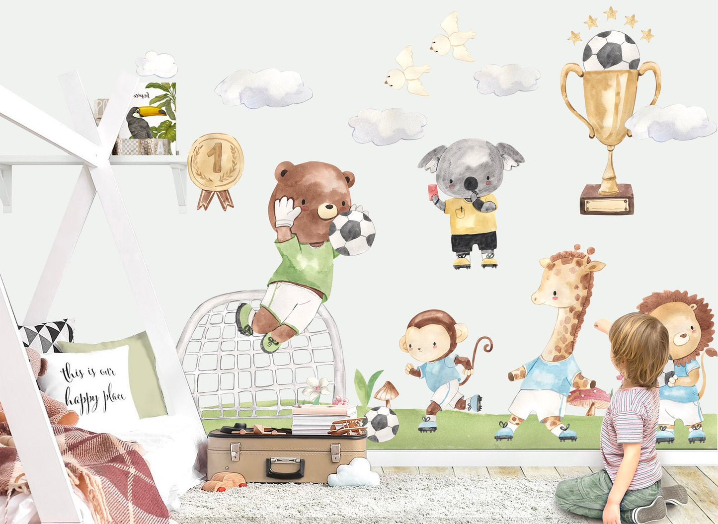 Baby Animals Soccer Game Wall Decal - bear koala lion giraffe  Monkey trophy - BR305