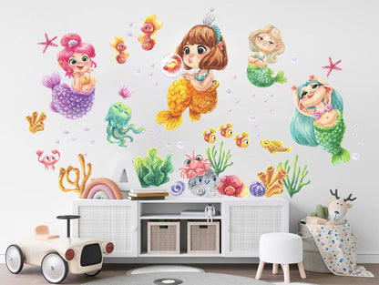 Playful Undersea Mermaids Cartoon Wall Decal - Seahorse Jellyfish Crab & More! Whimsical Watercolor Style for Kids Room - BR307