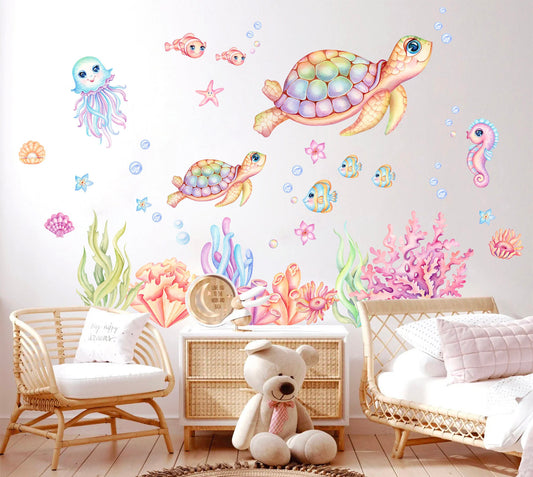 Pink Green Undersea Adventure Wall Decal - Turtle Mom and Baby Play with Octopus and Seahorse Friends - BR306