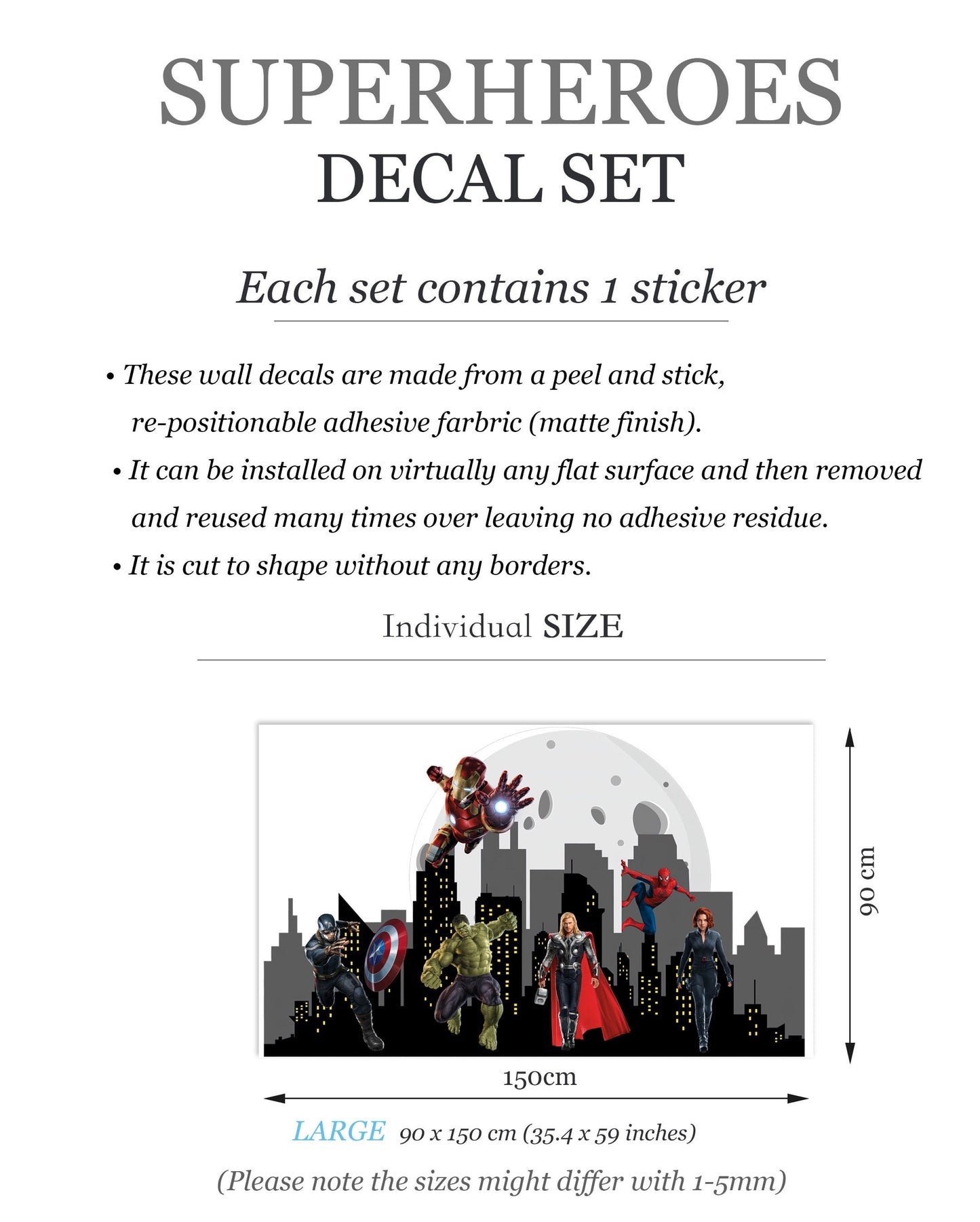 Marvel Heroes Cityscape Skyline Silhouette Wall Decal - Hulk Spiderman Captain America - BR295