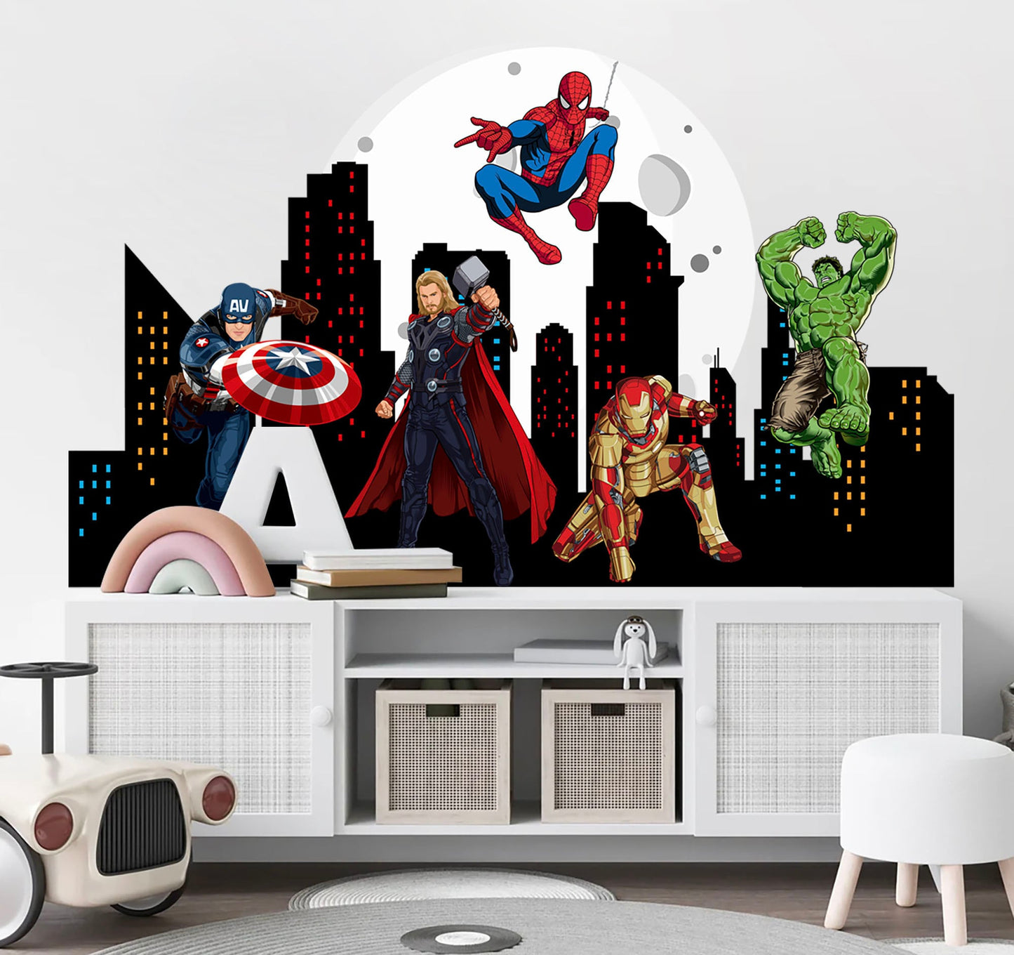 Marvel Heroes Epic Cityscape Wall Decal - Spiderman Iron Man Hulk - Boys Room Decoration - BR299