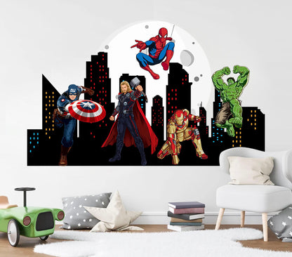 Marvel Heroes Epic Cityscape Wall Decal - Spiderman Iron Man Hulk - Boys Room Decoration - BR299
