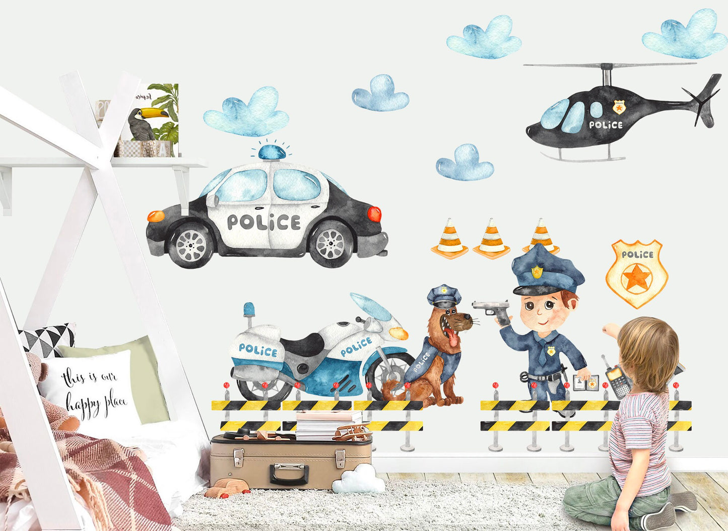 Policeman Police Force Car Pistol Motorcycle Dog Helicopter Removable Wall Decal - BR297