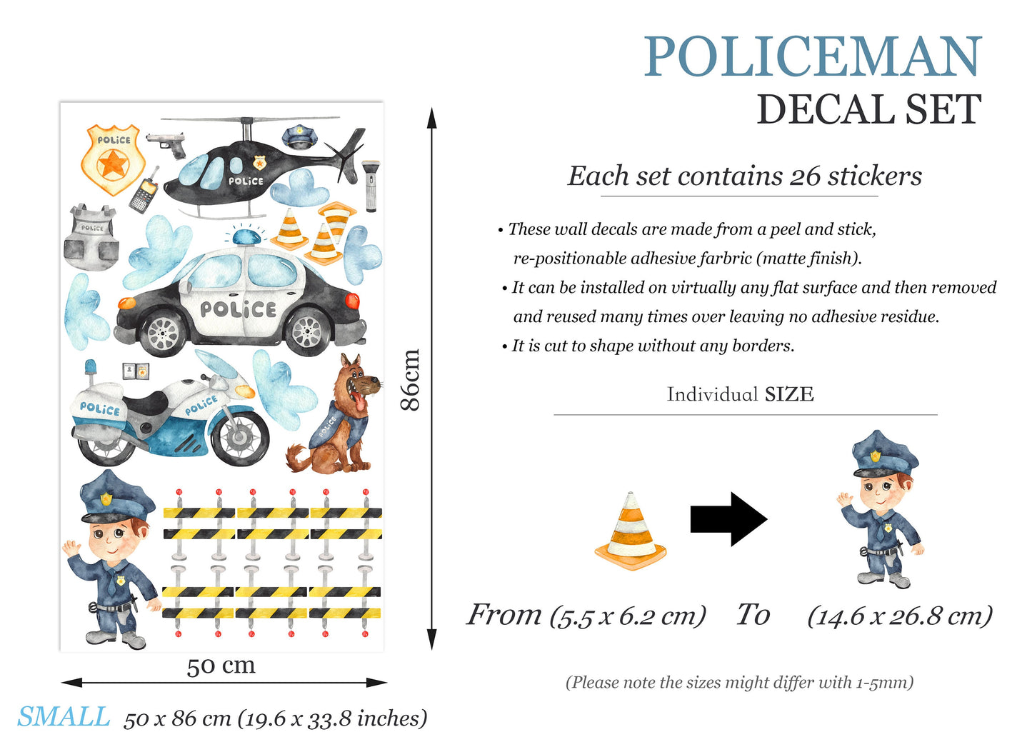 Policeman Police Force Car Pistol Motorcycle Dog Helicopter Removable Wall Decal - BR297