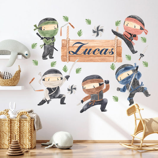 Personalized Name Customizable Ninja Warriors Action Wood Plaque Wall Decal - BR304