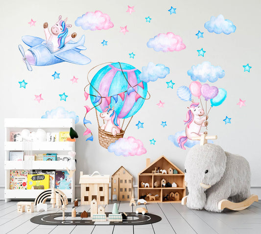 Enchanted Unicorn Adventures Wall Decal - Hot Air Balloon Helicopter Cloud - BR316