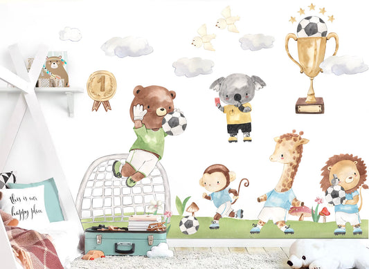 Baby Animals Soccer Game Wall Decal - bear koala lion giraffe  Monkey trophy - BR305