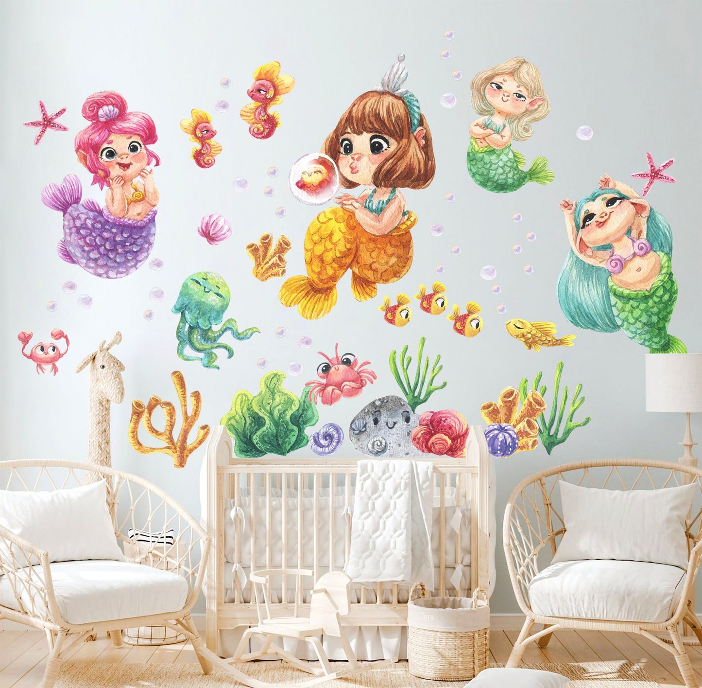 Playful Undersea Mermaids Cartoon Wall Decal - Seahorse Jellyfish Crab & More! Whimsical Watercolor Style for Kids Room - BR307