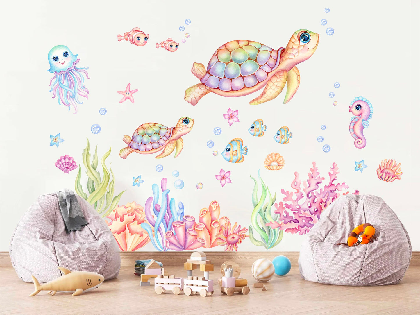 Pink Green Undersea Adventure Wall Decal - Turtle Mom and Baby Play with Octopus and Seahorse Friends - BR306