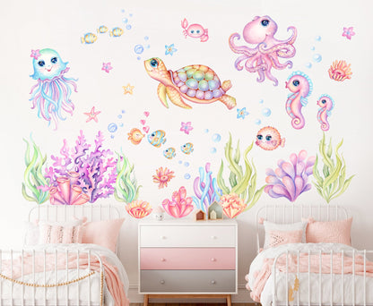 Pink and Blue Underwater World Cartoon Wall Decal - Happy Marine Life for Girls' Room - BR308