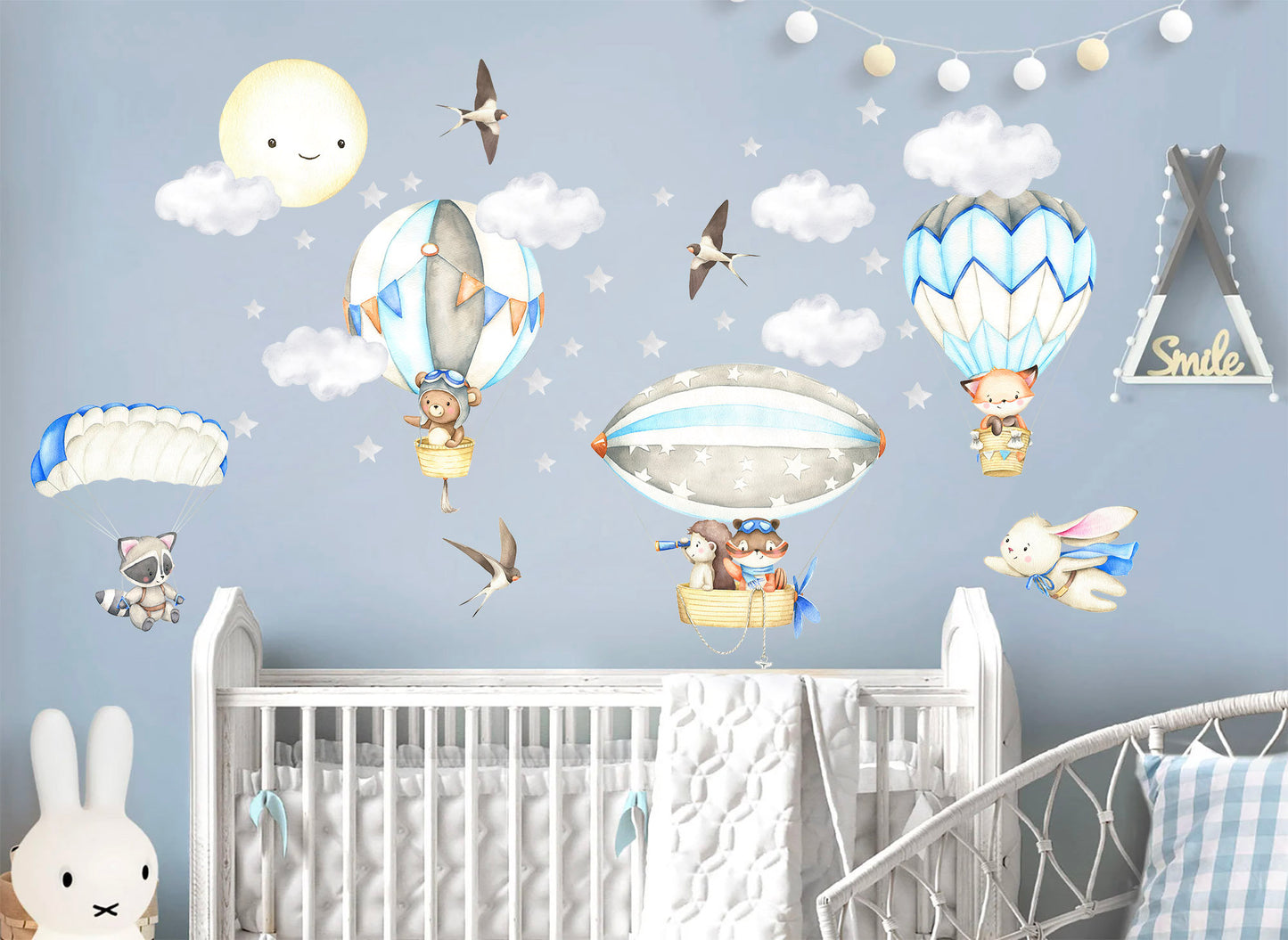 Adventurous Animal Babies Riding Air Balloons and Zeppelins in Celestial Sky Wall Decal - hedgehog raccoon fox - BR319