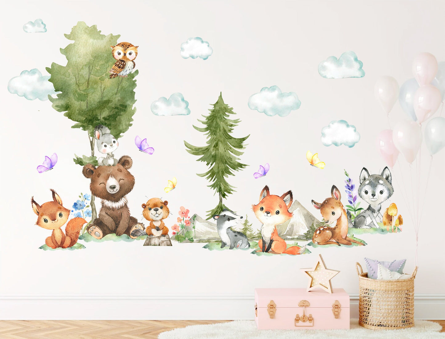 Woodland Babies Sitting on Tree and Mountain Wall Decal - Little Bear Deer Wolf Racoon Owl Fox - BR325