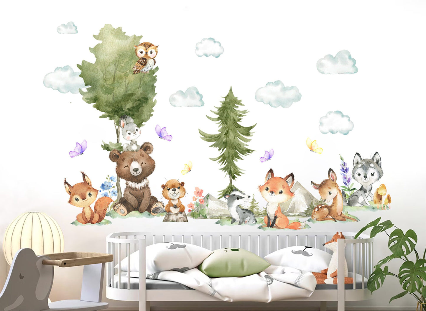 Woodland Babies Sitting on Tree and Mountain Wall Decal - Little Bear Deer Wolf Racoon Owl Fox - BR325