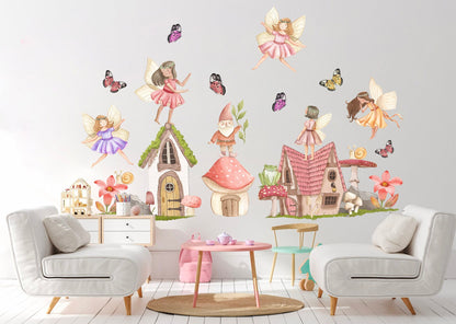 Whimsical Fairy and Butterfly Dancing on Mushroom House Wall Decal - Removable Peel and Stick - BR311