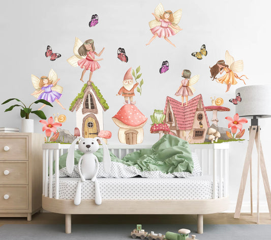 Whimsical Fairy and Butterfly Dancing on Mushroom House Wall Decal - Removable Peel and Stick - BR311