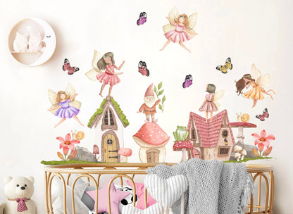 Whimsical Fairy and Butterfly Dancing on Mushroom House Wall Decal - Removable Peel and Stick - BR311