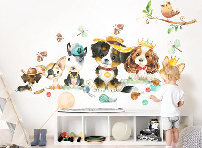 Adorable Watercolor Puppy Wall Decal - Cute Puppies Sitting on Grass - Perfect for Kids Room Decor - BR326