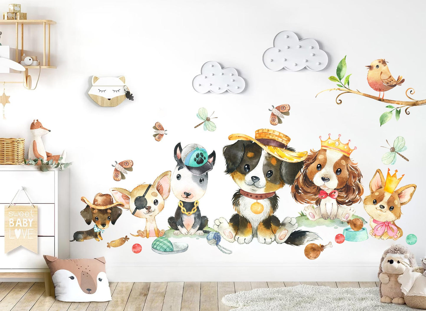 Adorable Watercolor Puppy Wall Decal - Cute Puppies Sitting on Grass - Perfect for Kids Room Decor - BR326