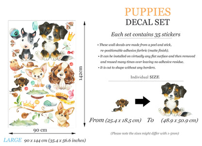 Adorable Watercolor Puppy Wall Decal - Cute Puppies Sitting on Grass - Perfect for Kids Room Decor - BR326