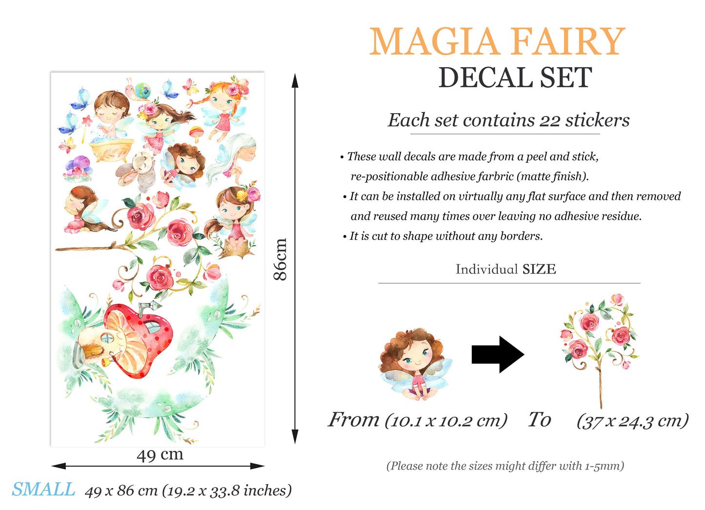 Enchanting Fairy Removable Wall Decal - Winged Fairies Dancing Amidst Flowers - BR327