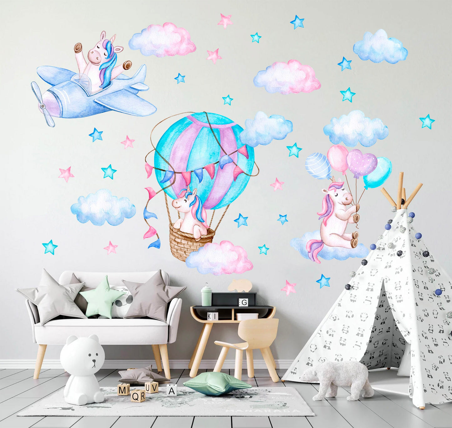 Enchanted Unicorn Adventures Wall Decal - Hot Air Balloon Helicopter Cloud - BR316