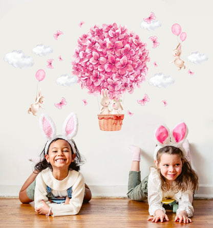 Bunny in Flower Balloon Wall Decal - Floral Surrounding, Watercolor Style - Girls' Room Decor -  BR320