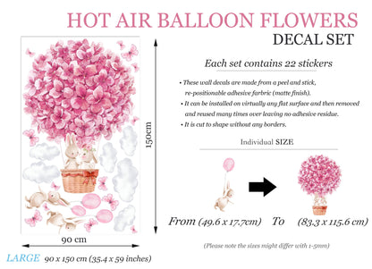 Bunny in Flower Balloon Wall Decal - Floral Surrounding, Watercolor Style - Girls' Room Decor -  BR320
