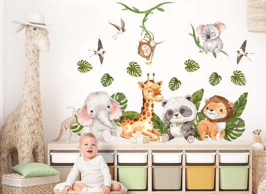 African Baby Animals Wall Decal - Giraffe, Elephant, Lion, Panda, Monkey, Koala in Palm Leaves - BR321