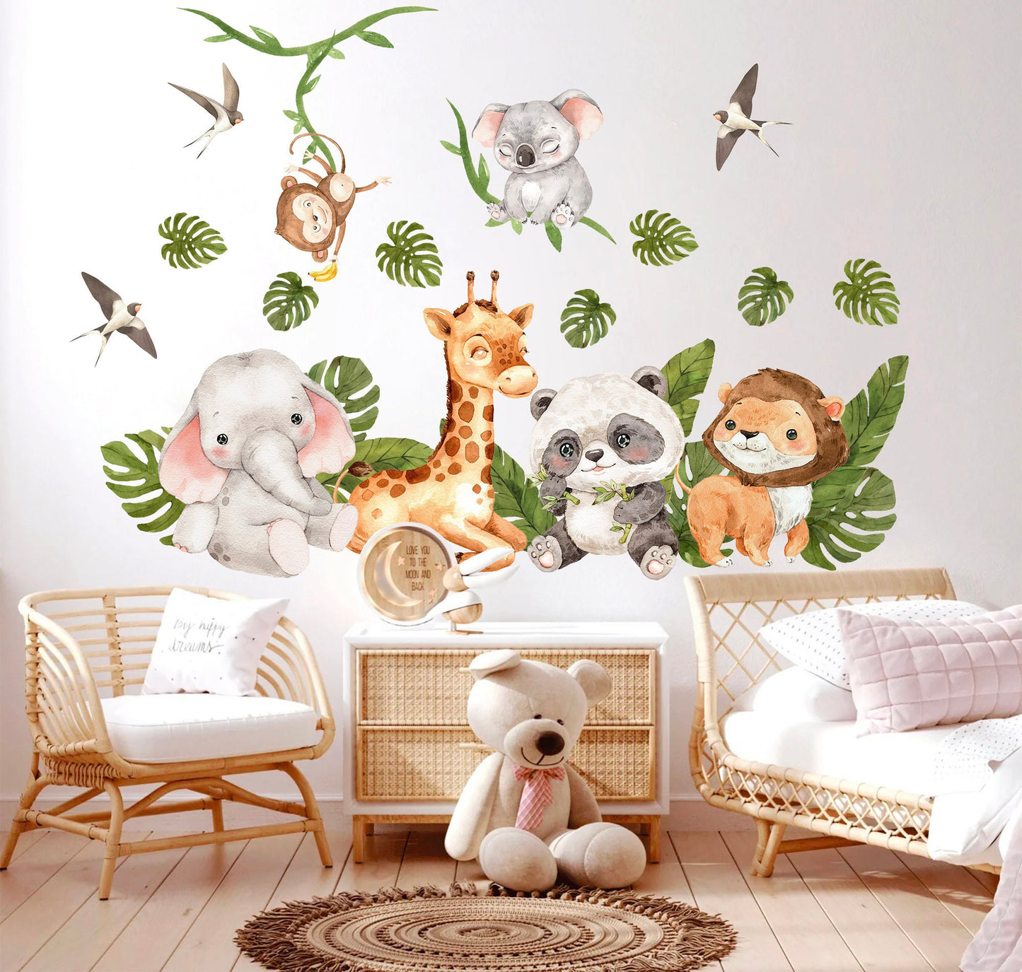 African Baby Animals Wall Decal - Giraffe, Elephant, Lion, Panda, Monkey, Koala in Palm Leaves - BR321