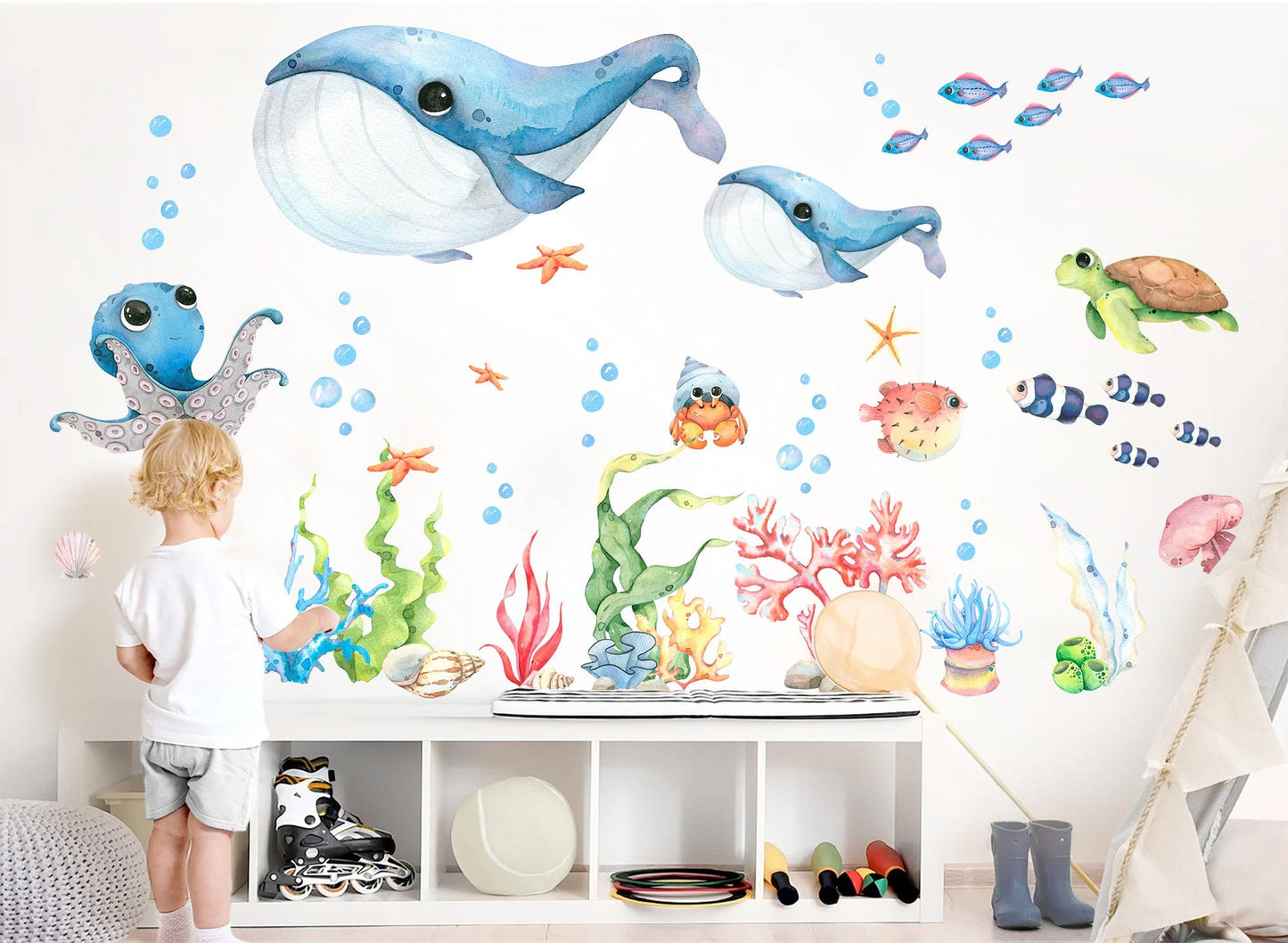 Blue Baby Whales and Friends Wall Decal - Playful Undersea Adventures - BR335