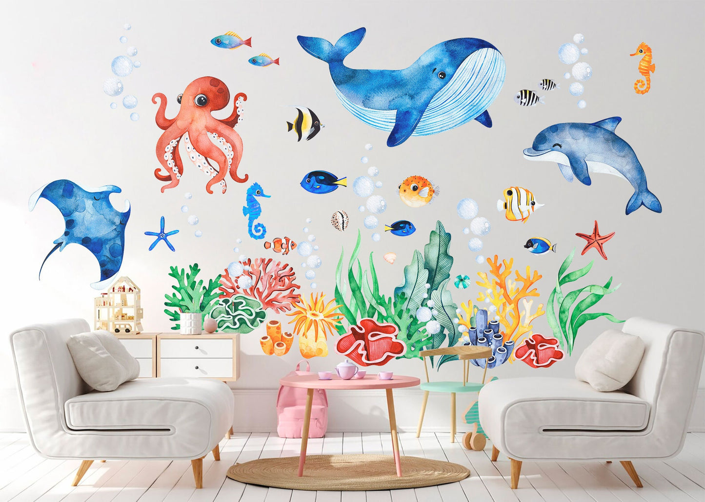 Ocean Baby Buddies Wall Decal - Whales, Dolphins, Octopuses, and More Playing Together - BR336