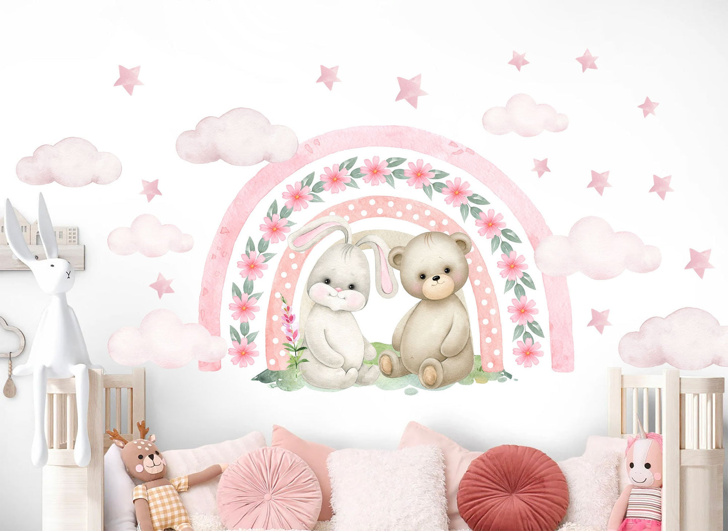 Rabbit and bear sit under a Flora Rainbow Wall Decal - Pink stars and clouds - Girls' Room Decor - BR337