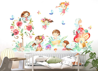 Enchanting Fairy Removable Wall Decal - Winged Fairies Dancing Amidst Flowers - BR327