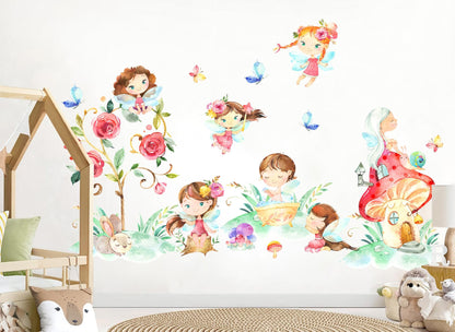 Enchanting Fairy Removable Wall Decal - Winged Fairies Dancing Amidst Flowers - BR327