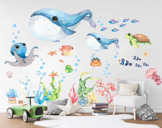 Blue Baby Whales and Friends Wall Decal - Playful Undersea Adventures - BR335