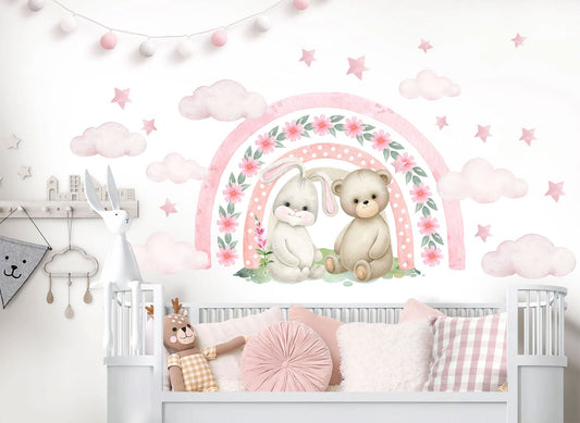 Rabbit and bear sit under a Flora Rainbow Wall Decal - Pink stars and clouds - Girls' Room Decor - BR337