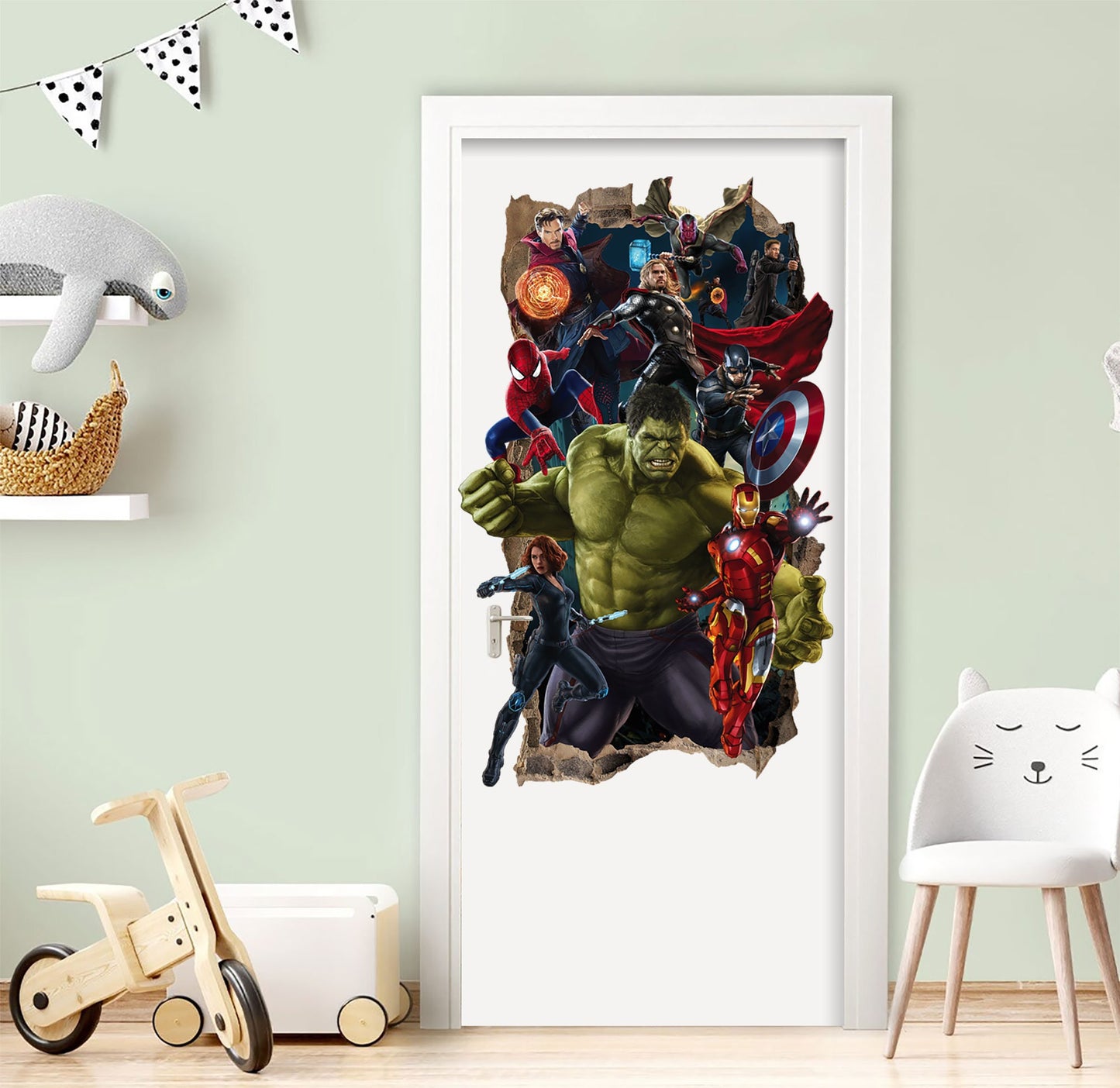 Marvel Superheros Breaking out from Smashed Vertical Wall Decal - Hulk Spiderman Captain America Avengers - BR338