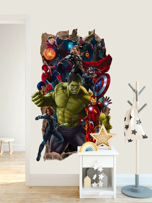 Marvel Superheros Breaking out from Smashed Vertical Wall Decal - Hulk Spiderman Captain America Avengers - BR338