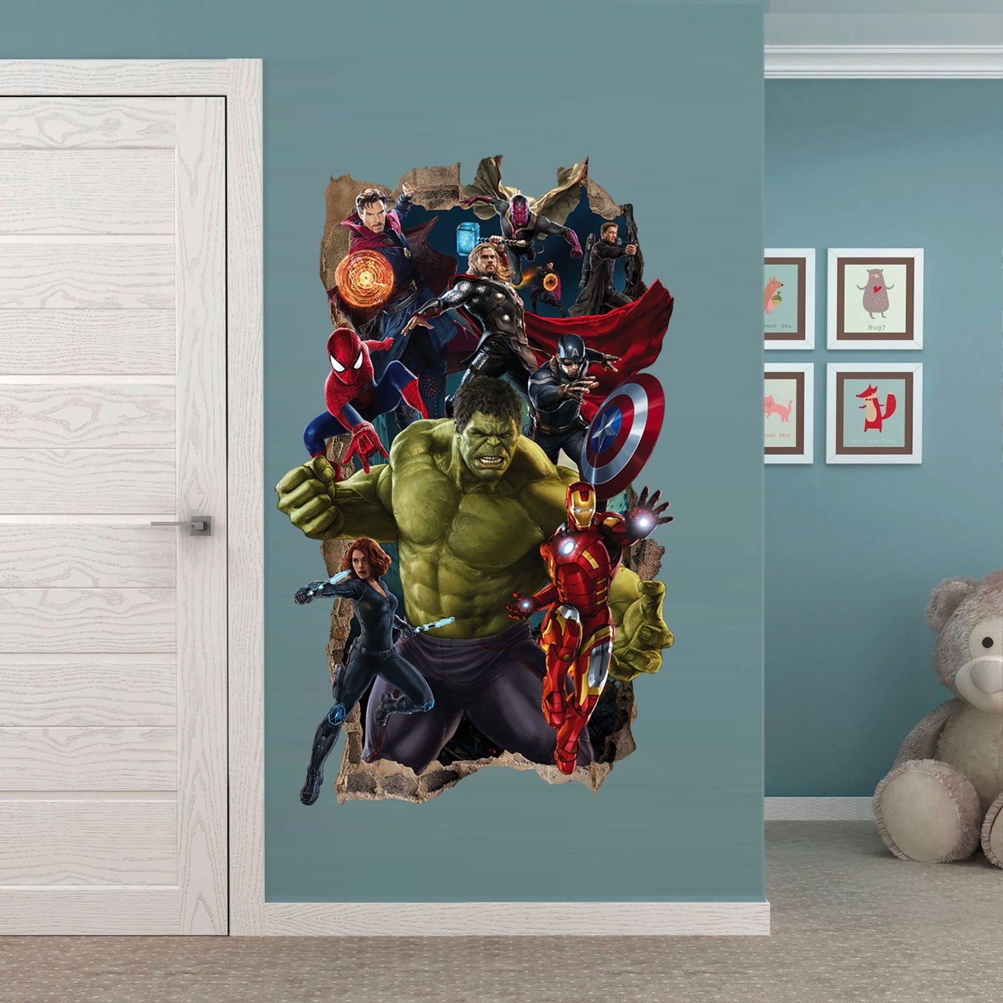 Marvel Superheros Breaking out from Smashed Vertical Wall Decal - Hulk Spiderman Captain America Avengers - BR338