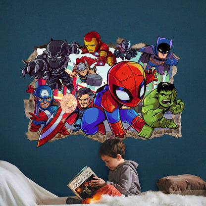 Bursting Avengers Super heroes Spiderman Iron Man Hulk Captain America 3D Smashed Wall Decal - BR344