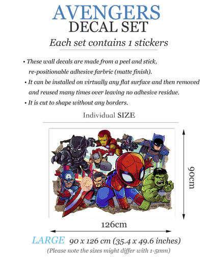 Bursting Avengers Super heroes Spiderman Iron Man Hulk Captain America 3D Smashed Wall Decal - BR344