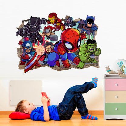 Bursting Avengers Super heroes Spiderman Iron Man Hulk Captain America 3D Smashed Wall Decal - BR344