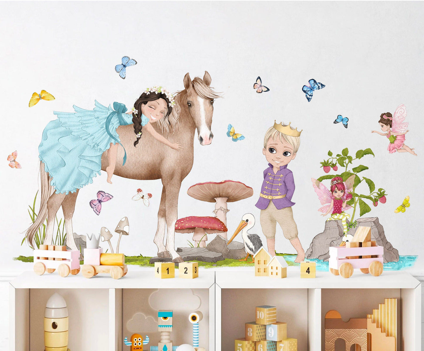 Prince and Princess Riding Wall Decal - Fairy and Red Mushrooms - Girls' Room Decor - BR348