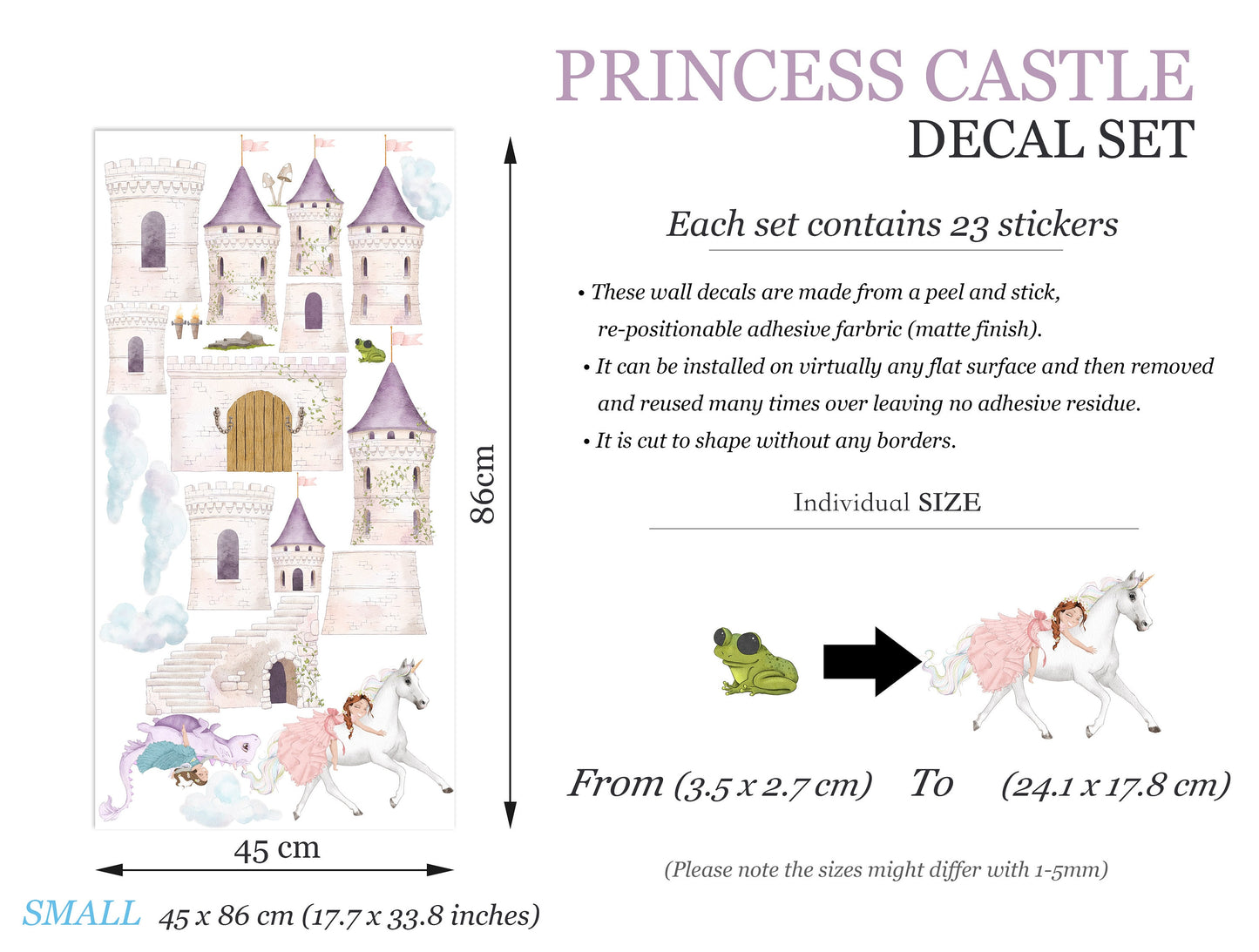 Princess on White Horse Wall Decals - Purple Castle, Dragon - Girls' Room Decor - BR350