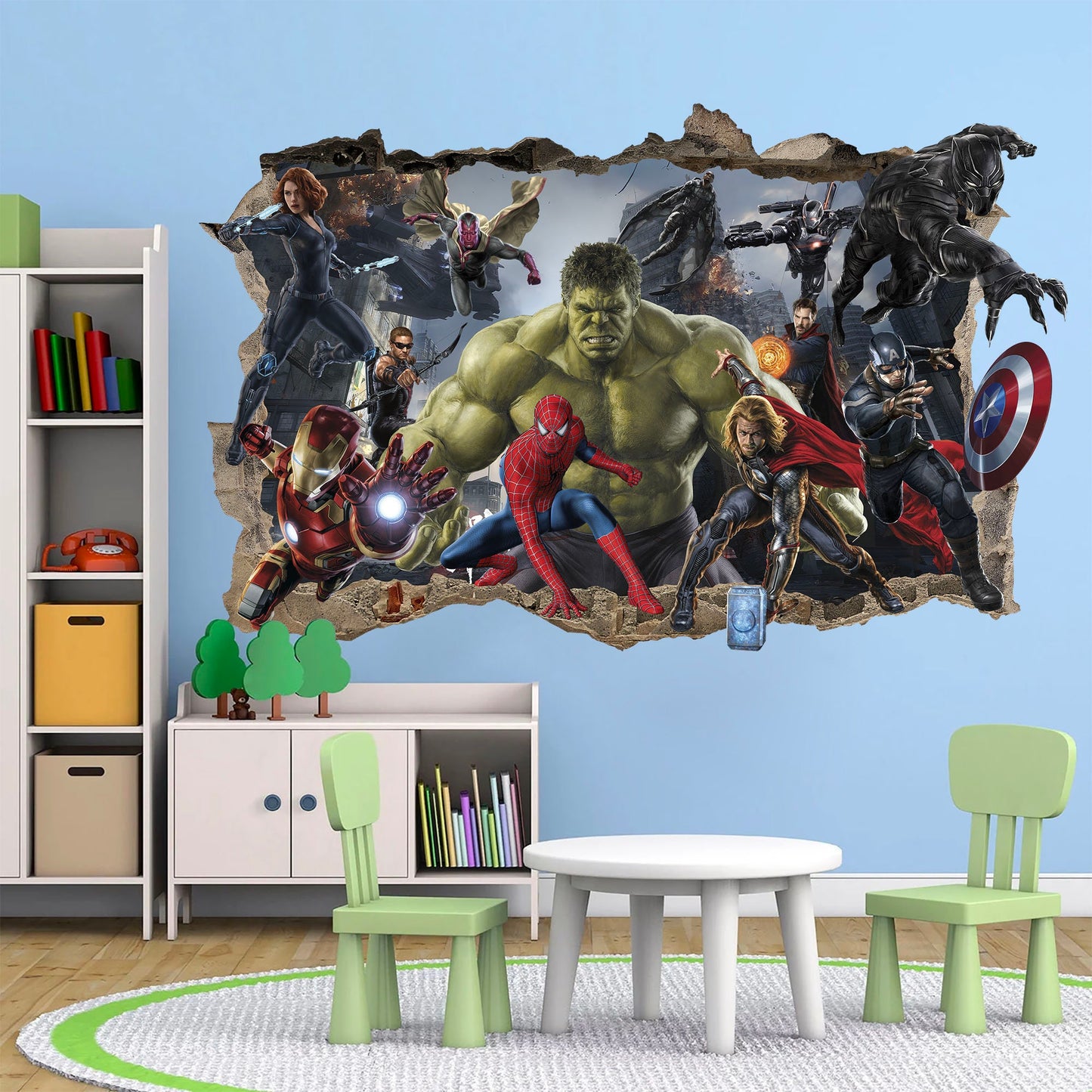 Hulk Leading Marvel Universe Superheroes Smashing Through Wall Decal - BR343