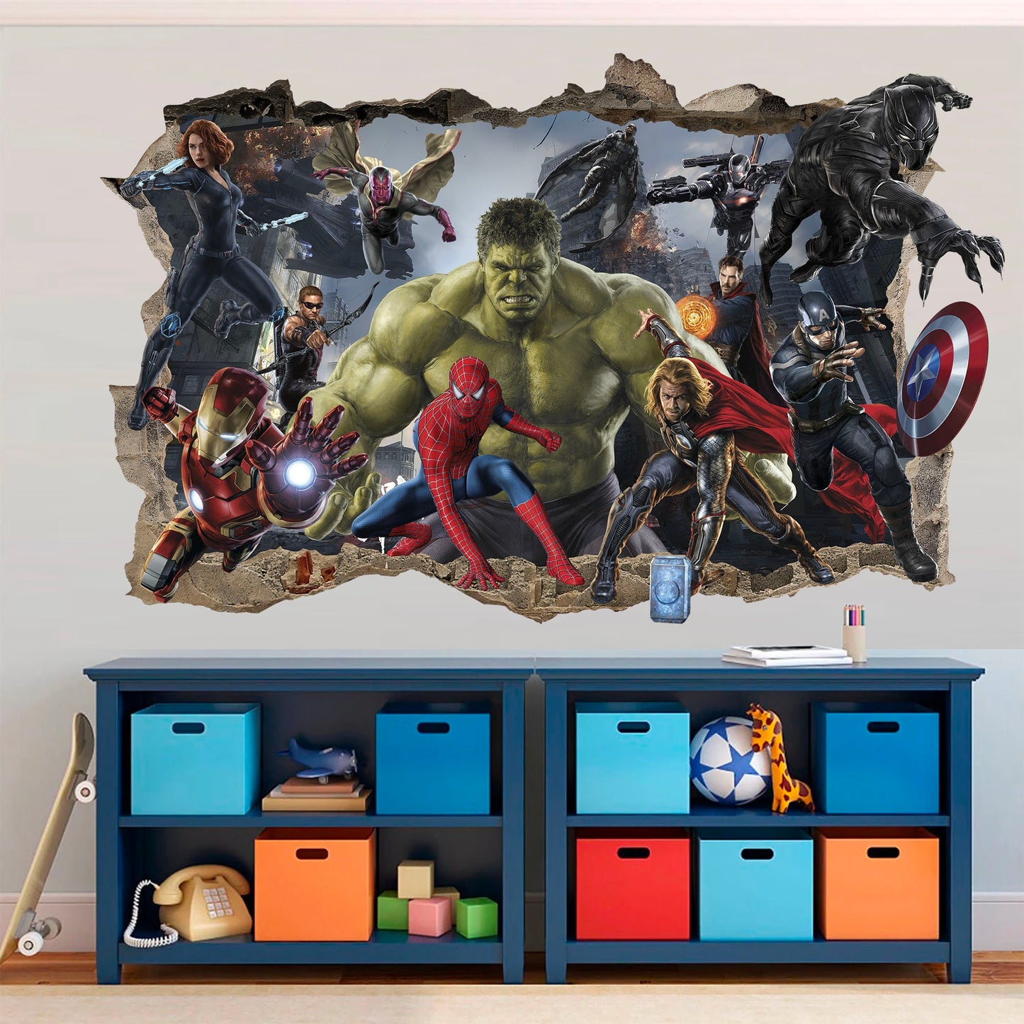 Hulk Leading Marvel Universe Superheroes Smashing Through Wall Decal - BR343