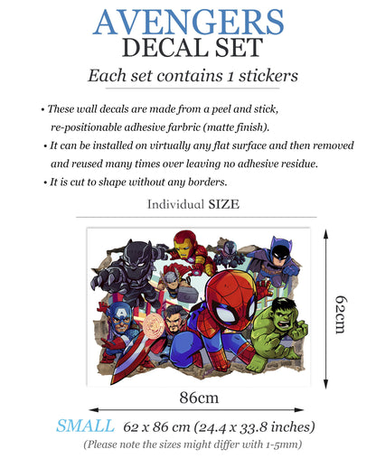 Bursting Avengers Super heroes Spiderman Iron Man Hulk Captain America 3D Smashed Wall Decal - BR344